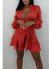 abordables Robes moulantes de soirée-Femmes Mini Robe Robe fourreau Élégant Mode Vacances Sortir Week-end Coupe régulière Uni manche longue Col en V Noir Rouge Été