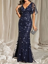 economico Lunghezza del pavimento-Sirena / Tromba Abito da cerimonia per signora Ospite di nozze Elegante Brillare &amp; Splendere Scollo a V Lunghezza al pavimento Raso Pizzo Manica Corta con Pizzo Fascia / Nastro 2025