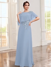 cheap Floor Length-A-Line Dress Mother of the Bride Dress Elegant Jewel Neck Floor Length Chiffon Lace Half Sleeve with Appliques Solid Color