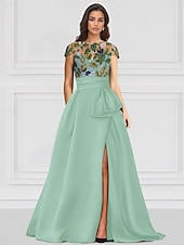 cheap GREEN-Green Floral Embroidered Leaf A-Line Evening Gown Elegant Dress Formal Wedding Floor Length Half Sleeve Illusion Neck Satin with Slit Appliques 2025