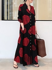 abordables Robes fleuries décontractées-Femme robe longue Robe en coton et lin Robe imprimée Mode du quotidien Fin de semaine Standard Fleur manche longue Col de Chemise Noir Blanche Jaune Rouge Eté