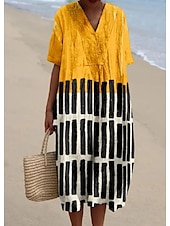 abordables Robes Rayés et Géométriques-Robe Midi Femme Robe de Plage Robe en A Robe en Lin Vacances Casual Plage lin comme Sortir Ajustement Lâche Graphique Géométrique À Manches Courtes Col en V Jaune Clair Jaune Foncé Jaune Été