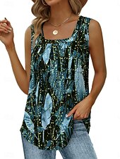 abordables Boutique Graphique Débardeurs &amp; Camis-Femmes Débardeur caraco Graphique Feuille Feuilles Élégant Occasionnel Sans manches Col carré Hauts Réguliers Quotidien Froncé Imprimé Bleu Été