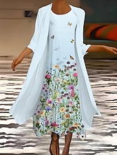 abordables Robe Fleurie-Ensemble de robe pour femmes robe maxi robe d&#039;été vacances décontracté imprimé floral ombragé manches 3/4 col rond invitée de mariage blanc bleu ciel été printemps coupe régulière