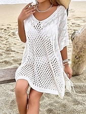baratos Vestidos de Praia-Mulheres Roupa de Banho Cobertura roupa de banho Com Corte Roupa de Praia Verão Tecido Decote em V-wire Manga Longa Fatos de banho