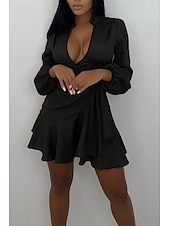 abordables Robes moulantes de soirée-Femmes Mini Robe Robe fourreau Élégant Mode Vacances Sortir Week-end Coupe régulière Uni manche longue Col en V Noir Rouge Été