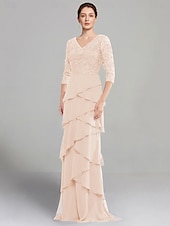 baratos Comprimento do chão-Vestido Sheath Mãe da Noiva Vestido Elegante Decote em V Comprimento do Chão Chiffon Stretch Mangas Médias com Renda Camadas em Cor Sólida