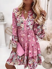 olcso Alkalmi virágos ruhák-női műszakos ruha bohó ruha térdig érő ruha rózsaszín hosszú ujjú virágos fodros smocked print nyár tavasz ősz v nyak boho alkalmi flare mandzsetta ujj 2023 4xl