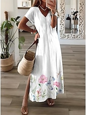 abordables Robes fleuries-Femmes Robe maxi Robe d&#039;Été Robe trapèze Vacances Occasionnel Chaussures de plage Soirée Sortir Coupe régulière Fleuri Graphique Manche Courte Col en V Rose Claire Blanche Rose Claire Printemps