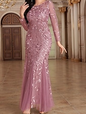 preiswerte Unter 129,99 $-Kleid Mutter der Braut Kleid Elegant Party Rundhalsausschnitt Bodendland Polyester Langarm mit Stickerei 2025