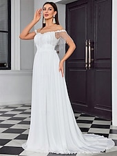 cheap Casual Wedding Dresses-Wedding Dresses Ball Gown Off Shoulder Sleeveless Sweep / Brush Train Chiffon Bridal Gowns With Pleats Solid Color