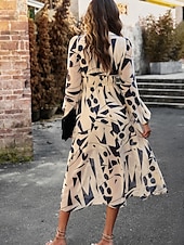 cheap Floral Dress-Women&#039;s Midi Dress A Line Dress Fit And Flare Dress Puff Sleeve Dress Vacation Casual Vacation Daily Regular Fit Graphic Long Sleeve V Neck Red Blue Green Apricot Summer