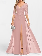 preiswerte Bodenlänge-A-Linie Brautmutterkleid Hochzeitsgast Elegant V Ausschnitt Bodenlang Chiffon Halbarm mit Applikationen Geteilter Vorderteil 2025