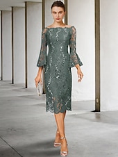 cheap Tea Length-Sheath Mother of the Bride Dress Wedding Guest Elegant Vintage Jewel Neck Tea Length Lace 3/4 Length Sleeve with Sequin 2025 free custom size