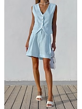 abordables Ensembles-Femmes Mode Streetwear Ensembles inspirés du lin Ensembles deux pièces Chemisier Sans manches Col en V Couleur Unie Dubbele Rij Knopen Sortir Décontracté Quotidien Blanche Bleu Orange Été Coupe