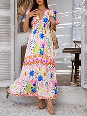 levne Umění a design šaty-Dámské maxi šaty A-line šaty vypasované a rozšířené šaty šaty s nadýchanými rukávy volnočasové dovolená denní běžné střih květinové krátký rukáv V výstřih bílé růžové fialové oranžové léto