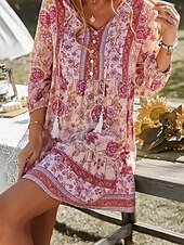 billiga Bohemklänningar-Dam Mini klänning Vardagsklänning Sommarklänning Boho-klänning Mode Utomhus Semester Dagligen Normal Blommig 3/4 ärm V-hals Gul Rodnande Rosa Blå Grön Sommar