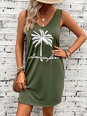 ieftine rochii hawaiene-Pentru femei Rochie Mini Rochie A line Rochie de vară Rochie cu umeri Vacanță Casual Potrivire Largă Grafic Scrisă Fără manșon În U Verde salvie Vară