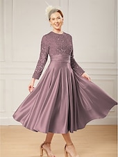 economico Lunghezza del pavimento-Abito A-Line per madre della sposa elegante collo gioiello lungo fino al pavimento in satin maniche lunghe con pieghe e paillettes