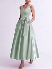 economico Abiti da cocktail-Abiti da cocktail A-Line per matrimoni in spiaggia abito elegante per ospiti di matrimoni Kentucky Derby lunghezza tè senza maniche scollatura a V con tasca in raso con fiocco(i) abiti Derby 2025