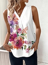 economico Canotta Floreale-Canotta da donna floreale grafica elegante casual senza maniche colletto a V top regolari abbigliamento da giorno stampa nera bianca rosa blu estate