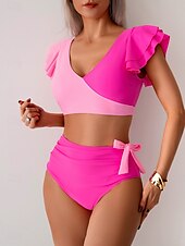 preiswerte Bikini-Sets-Damen Badeanzug Bikini Bademode Hoch tailliert Tropisch Strandbekleidung Farbblock V-förmiger Draht-Ausschnitt Ärmellos Badeanzüge