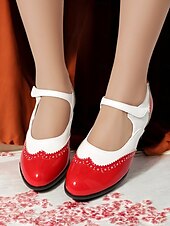 abordables años 1930-Tacones Mary Jane vintage en rojo y blanco para mujer: zapatos brogue clásicos inspirados en los años 50 para moda retro, baile y ocasiones especiales