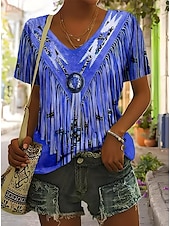 economico T-shirt Boho-T Shirt da donna Grafica Bohemia Vintage Western Manica Corta V Neck Top Regolari Da Indossare Quotidiano Spiaggia Vacanze Stampa Rossa Blu Verde Khaki Estate Primavera