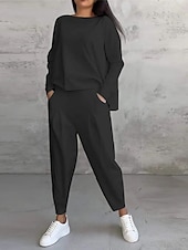 preiswerte Trainingsanzüge für Damen-Damen 2 Teile Fashion Streetwear Alltag Sweatshirt Lange Ärmel Rundhals Unifarben Freizeit Alltag Schwarz Weiß Pink Sommer Reguläre Passform