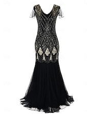 abordables Moins de 129,99 $-Robe Robe de Mère de Mariée  Élégant ancien Fête Col en V Longueur au sol Polyester Manche Courte avec Paillettes 2025