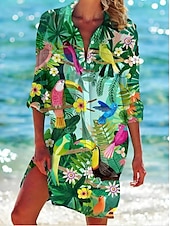 billiga Hawaiianska klänning-Dam Mini klänning Solklänning Semester Strandstil Semester Dagligen Strand Lös passning Grafisk Tropisk Långärmad Tröjkrage Grön Vår Höst