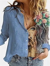 economico Camicie-Camicia da donna in cotone e lino grafica quotidiana alla moda casual maniche lunghe colletto bottoni quotidiani bianca blu grigia estate primavera