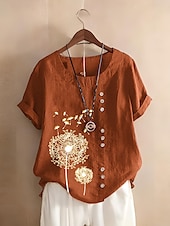 voordelige Overhemden-Dames 100% katoenen blouse bloemenprint stijlvol katoen linnen casual korte mouw ronde hals normale tops dagelijks uitgaan knopen print bruin