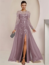 abordables Longueur du plancher-Robe de mère de la mariée A-Line pour invitée de mariage élégante col bijou longueur de sol en chiffon dentelle sequins à manches longues avec plissage avant couleur unie taille personnalisée gratuite