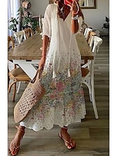 levne Neformální květinové šaty-Dámské Dlouhé šaty Maxi šaty Bílé šaty Plátěné šaty Boho šaty Šaty s potiskem Romantické Klasické Elegantní šaty Nahoře nabírané Dovolená Denní Letní šaty Volný Grafika Květiny Poloviční rukáv Do V