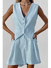 abordables Ensembles-Femmes Mode Streetwear Ensembles inspirés du lin Ensembles deux pièces Chemisier Sans manches Col en V Couleur Unie Dubbele Rij Knopen Sortir Décontracté Quotidien Blanche Bleu Orange Été Coupe