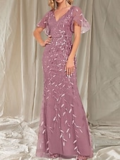 economico Lunghezza del pavimento-Sirena / Tromba Abito da cerimonia per signora Ospite di nozze Elegante Brillare &amp; Splendere Scollo a V Lunghezza al pavimento Raso Pizzo Manica Corta con Pizzo Fascia / Nastro 2025
