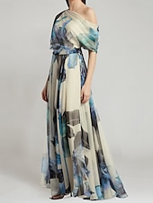 abordables BLEU-Robe de soirée en A élégante robe formelle de bal longueur au sol sans manches épaule dénudée chiffon avec imprimé floral robe invitée de mariage 2025