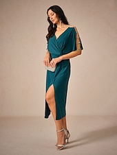 abordables Robe Simple-Femme Robe mi-longue Robe en maille Elégant mode Soirée Rendez-vous Standard Couleur unie Manche Courte Col V Bleu Encre Eté