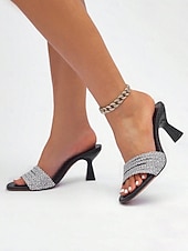 baratos Sandálias de salto-sandálias femininas de salto baixo com strass – mules brilhantes de bico quadrado com salto bloco para festas, eventos noturnos e ocasiões especiais