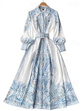 abordables Robes Bohémiennes-Femmes Robe Midi Robe bohème Mode Fête Sortir Week-end Coupe régulière Fleur manche longue Col de chemise Noir Bleu Abricot Été