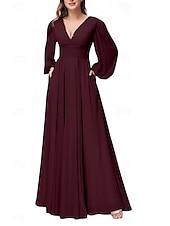 economico Abiti da damigella-abito da damigella a trapezio scollo a V manica lunga elegante lunghezza pavimento in chiffon con pieghe / spacco frontale / arricciatura 2025