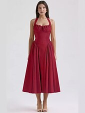cheap Dresses-Retro Vintage Medieval Renaissance Midi Dress Flare Dress Ren Faire Halter Regency Inspired Floral Women&#039;s Masquerade Wedding Vacation Casual Daily Adults&#039; Dress Summer