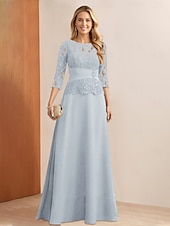 billiga Golvlängd-A-Line Klänning Brudens Mor Klänning Elegant Fest Ädel Halsringning Golvlängd Chiffon Spets 3/4 Längd Ärmar med Spetsapplikationer