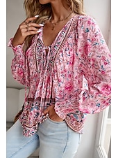 billige Blomstrete topper-Dame Skjorte Bluse Blomsternål i krystall Daglig Stilfull Fritid Langermet V-hals Vanlige topper Daglig Ferie Trykt mønster Rosa Navyblå Blå Aprikos Vår