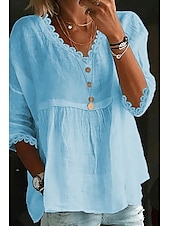 abordables Camisas-Mujer Camisa Camisas de algodón y lino Blusa Plano Básico Moderno Casual Manga 3/4 Escote en Pico Tops regulares Diario Festivos Noche Frunce Blanco Rosa Azul claro Verano