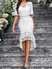 cheap Under $129.99-Dress Mother of the Bride Dress Elegant Party Simple Crew Neck Asymmetrical Spandex Short Sleeve with Lace