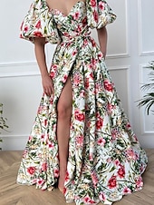 economico Abito Floreale-Abito Plus Size Maxi Donne A Line Abito Spalle Scoperte Abito Maniche Voluminose Vacanza Maniche Voluminose Quotidiana Festa Vestibilità Su Misura Grafica Maniche Corte Collo a V Verde Estate