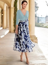 voordelige Vloerlengte-Strand Bruiloft A-Lijn Moeder van de Bruid Jurk Formele Bruiloft Gast Elegante Scoop Hals V-Hals Enkel Lengte Chiffon Geleverd Rekstof 3/4 Lengte Mouw met Bloem Bruiloft Gast Jurk 2025