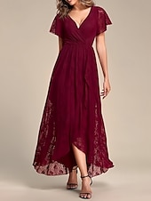 baratos Vestidos para Madrinhas-vestido de madrinha linha a decote em v manga curta elegante renda assimétrica com pregas / franzido 2025